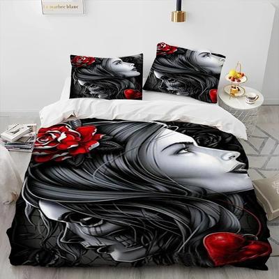 3D Skräck Gotisk Kvinnoskalle Död Flicka Täcke Sängkläder Set, Påslakan Sängset Quiltöverdrag Örngott, Queen Size Sängkläder Set