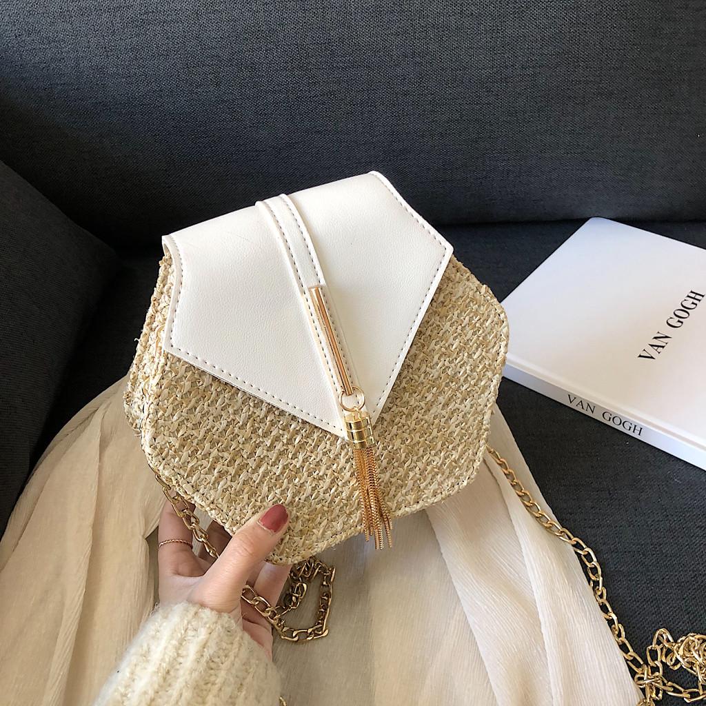 Fashion Women Retro Weave Leather Tassel Chain Bag Crossbody Bag Shoulder Bag