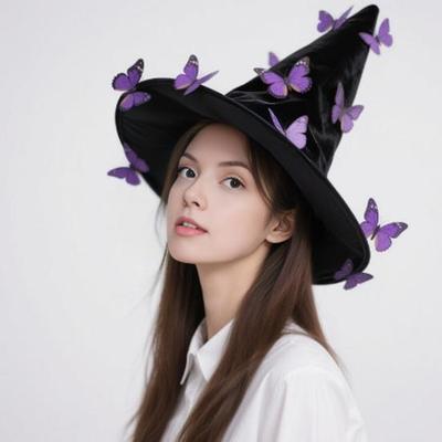 Cadı Şapkası 12 Kelebek Dekorlu Bükümlü Kenarlı Halloween Partileri Cosplay Kostüm Şapkası Cadı Kostümü Aksesuarı