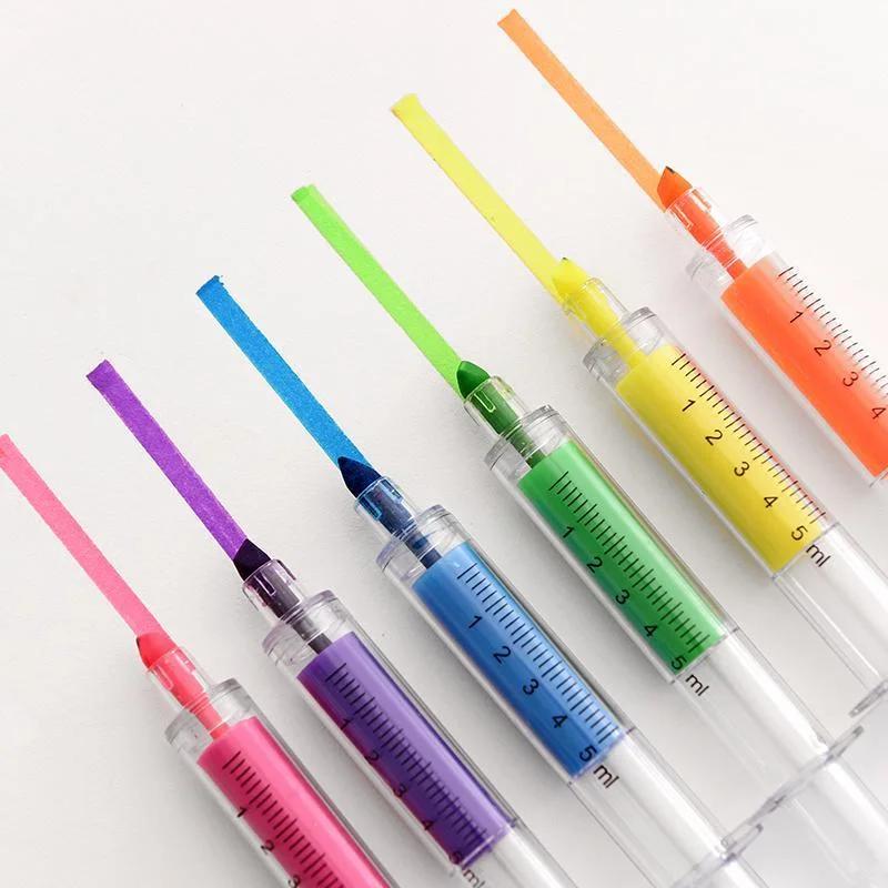 6PCS Syringe Fluorescent Highlighter Color Marker Liner Novelty Office School Student Learning Supplies