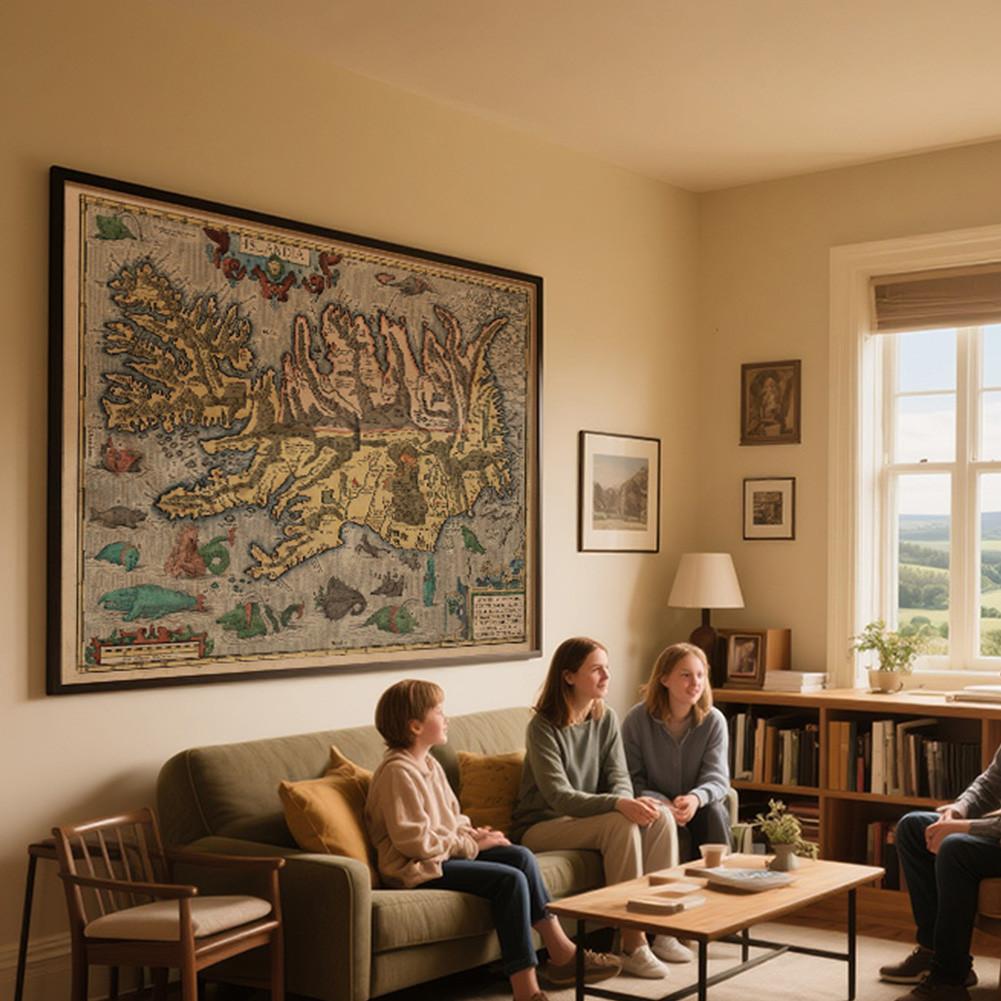 Vintage 1585 Iceland Map Poster, Art Print with Sea Monsters, Retro Nordic Home Decor Wall Hanging for Living Room & Office