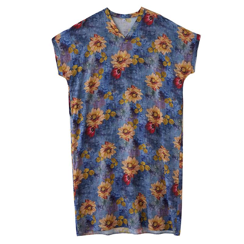 DIMANAF 2025 Summer Plus Size New Dress Beach Basic Loose Women Casual Flower Printing V-Neck Long Vintage Dress Maxi