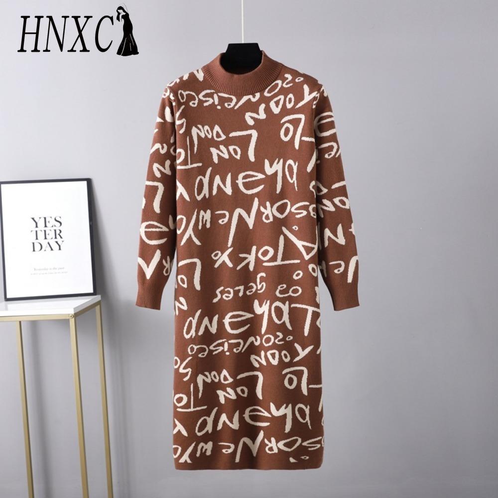

HNXC Autumn Winter Women Vintage Knitted Turtleneck Long Sleeve Pullover Graffiti Lettering Sweater Dress One size хаки