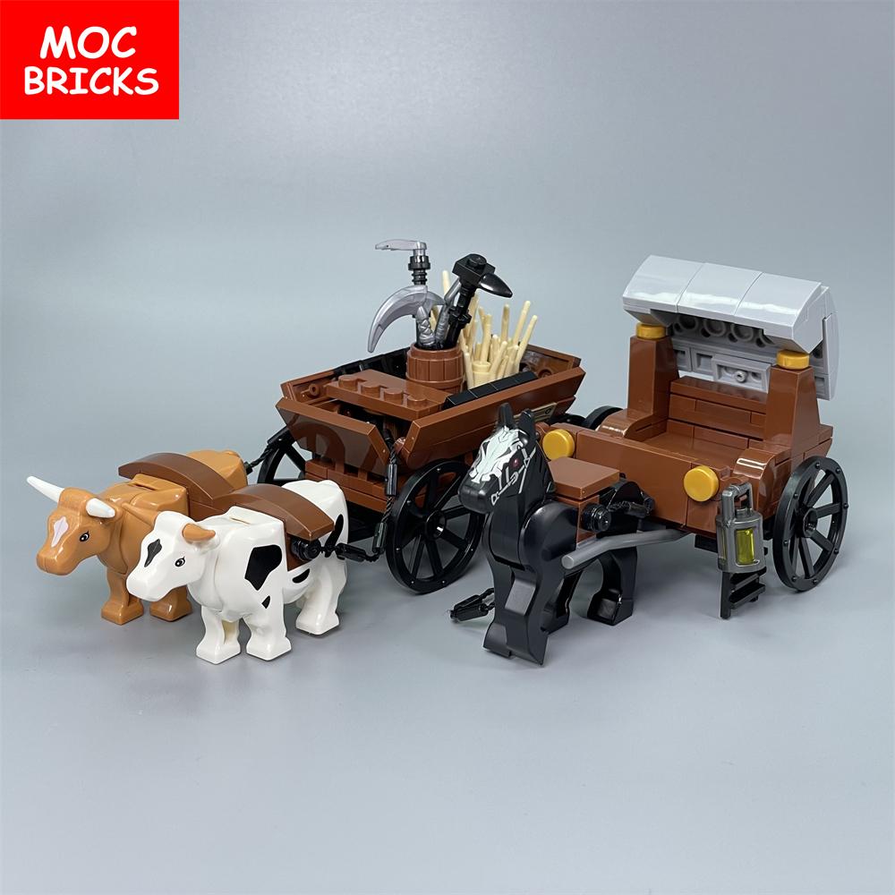 Set  MOC Bricks Cow Cattle Cart Oxen Town Farm House Assembled Building Blocks Accessories Children's Toys
