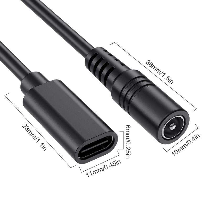 9.8inch Type C Female to 5.5mmx2.1mm Female/Male Adapter Cable USB C to DC5521 Connectors Power Cord Converter Line