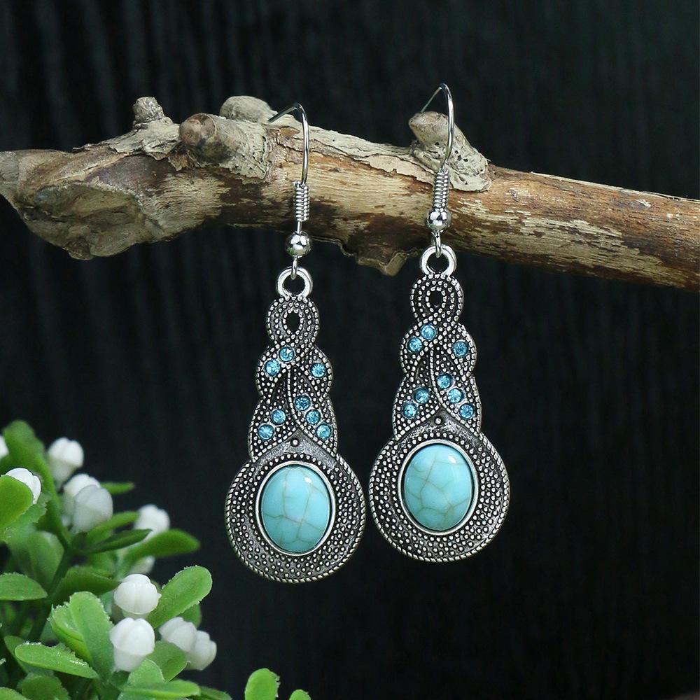 Ethnic Vintage Blue Beads Waterdrop Round Earrings for Women Boho Creative Geometric Silver Color Dangle Earrings Jhumka Jewelry