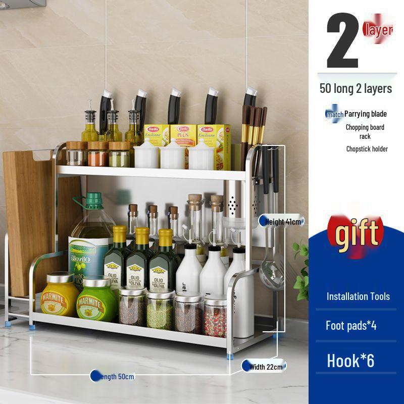 Stainless Steel Multi-layer Kitchen Rack: Spice, Knife Holder & Storage