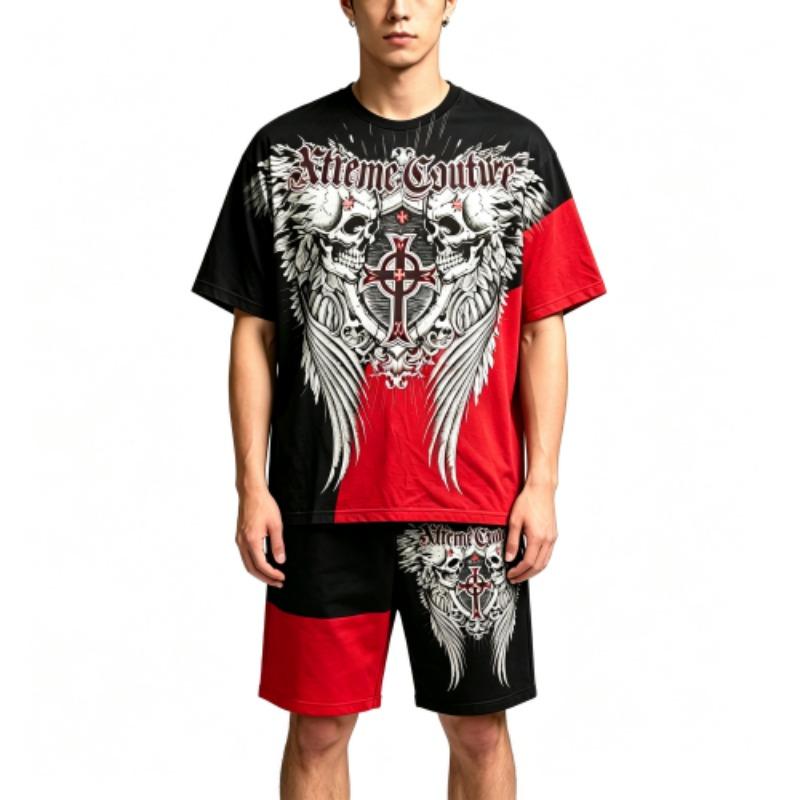 Summer Fashion Casual Retro Skull Angel Wing Printed Round Neck Short Sleeved T-Shirt And Shorts Set Men's and Women's T-shirt Shorts Set