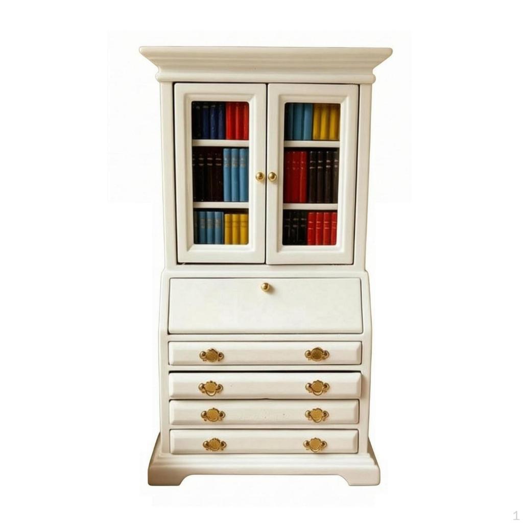 Miniature Bookcase Cabinet Openable Doors and Drawers 1:12 Scale White Painted Wooden