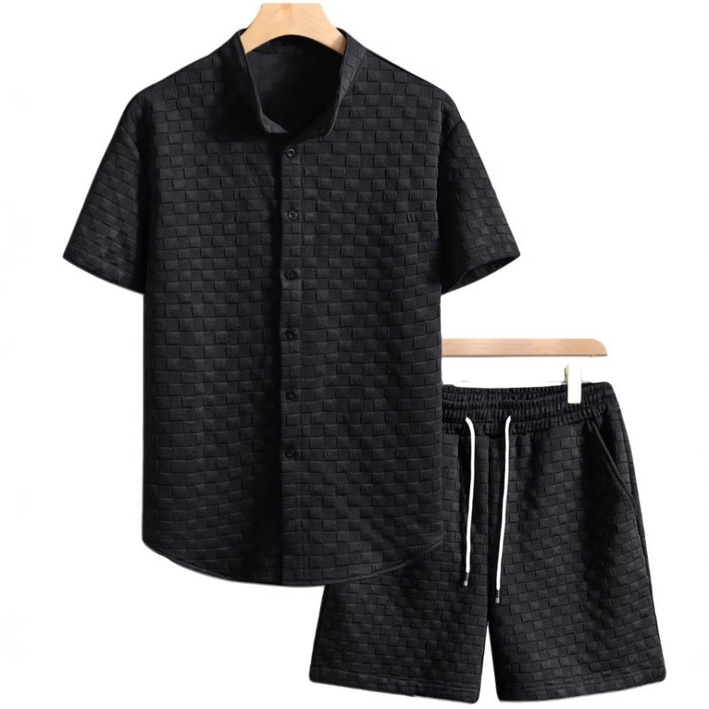 Summer Solid-color Checkered Men's Collarless Short-sleeved Shorts Loose Suit