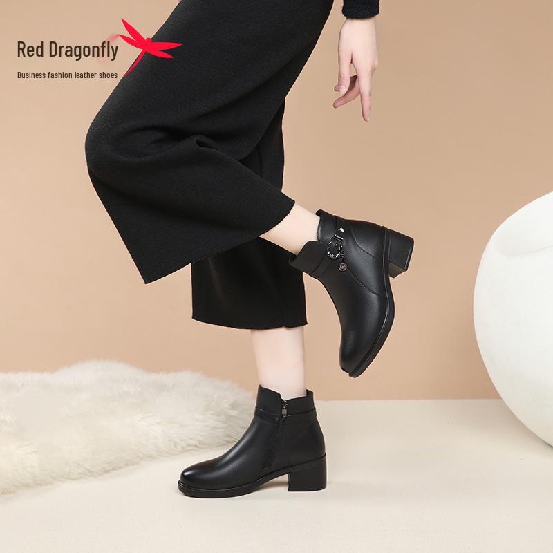 Red Dragonfly Women's High-Heel Ankle Boots - Winter Style, Genuine Leather with Velvet Lining, Chunky Heels, Warm and Stylish.
