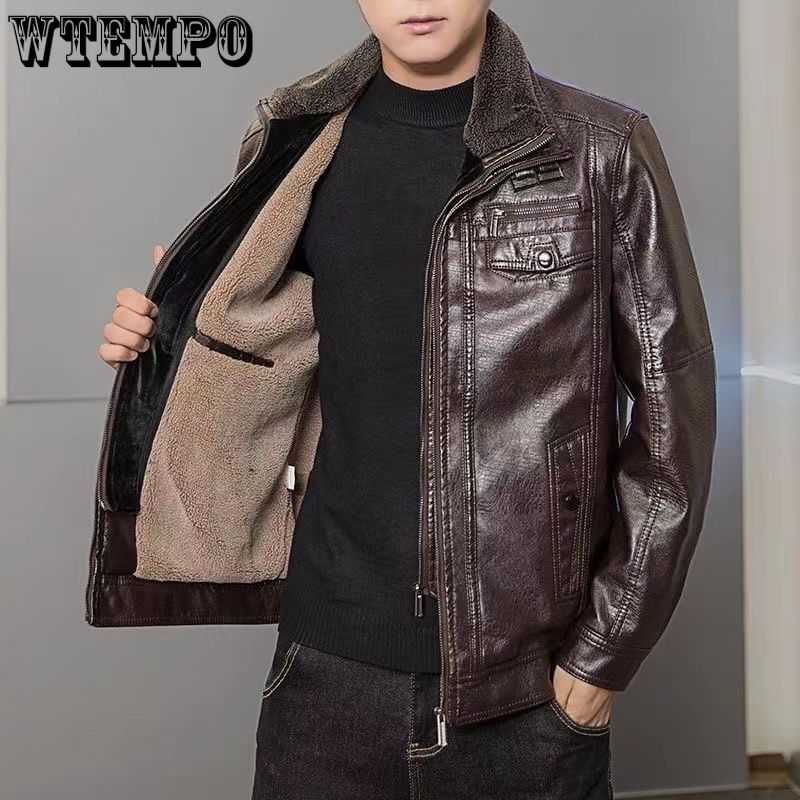Winter Warm Leather Jacket for Men Fleece and Thickened Coat Casual Loose Warm Double-neck Top