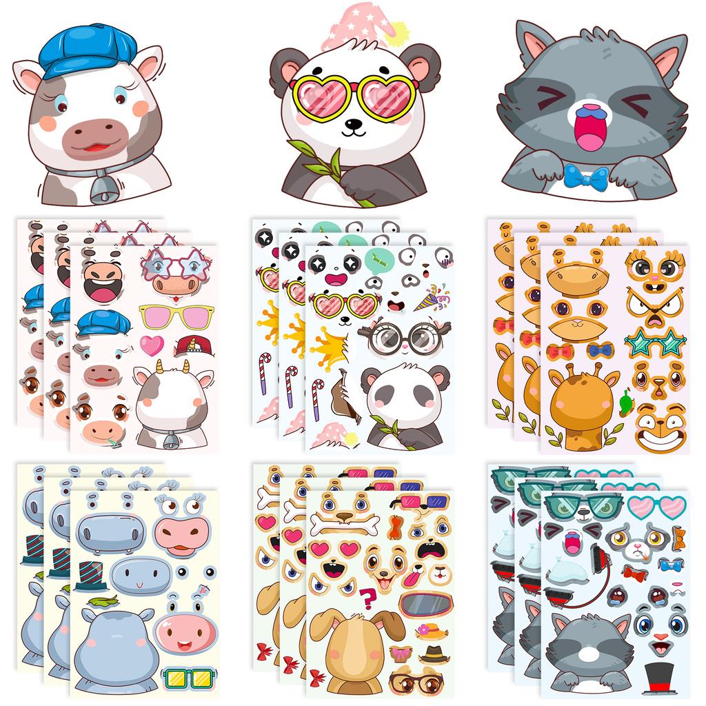 6 Pictures/pack of Beautiful Animals Hippo Cow Giraffe Cartoon Collage Children's Education Decoration Stickers