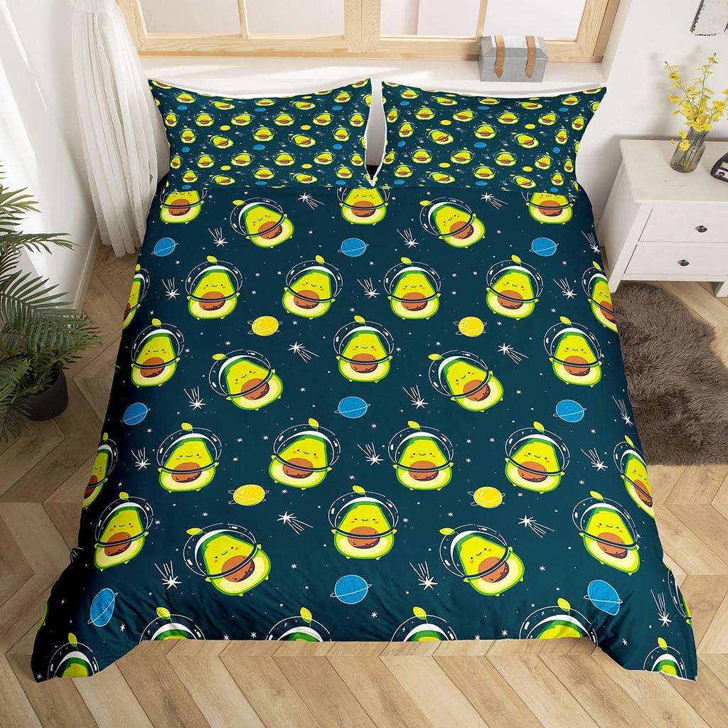 Avocado Bedding Set Full Queen Galaxy Comforter Cover for Kids Teen,Kawaii Fruit Duvet Cover Cartoon Tropical Food Bedroom Decor