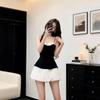 Sweet Girly Black and White Color Blocked Pleated Mini Dress with Heart Neckline  Ladies' Spaghetti Strap Ruffle Waist Fitting Party Club Short Dress