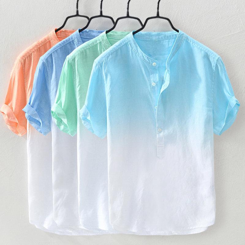 T-shirt da uomo casual sottile e traspirante con colletto tondo, maglietta estiva in cotone sfumato tinto