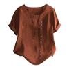 Summer Women T Shirt Loose Fit Round Neck Short Sleeve Solid Color Pullover Top Buttons Decor Daily Wear Tee