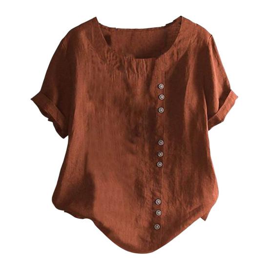 Summer Women T Shirt Loose Fit Round Neck Short Sleeve Solid Color Pullover Top Buttons Decor Daily Wear Tee