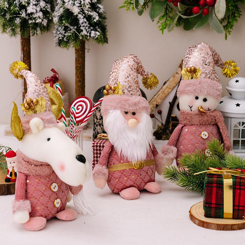 Adorable Pink Christmas Decoration Plush Sitting Gnome Snowman Reindeer Figurines For Festive Holiday Display