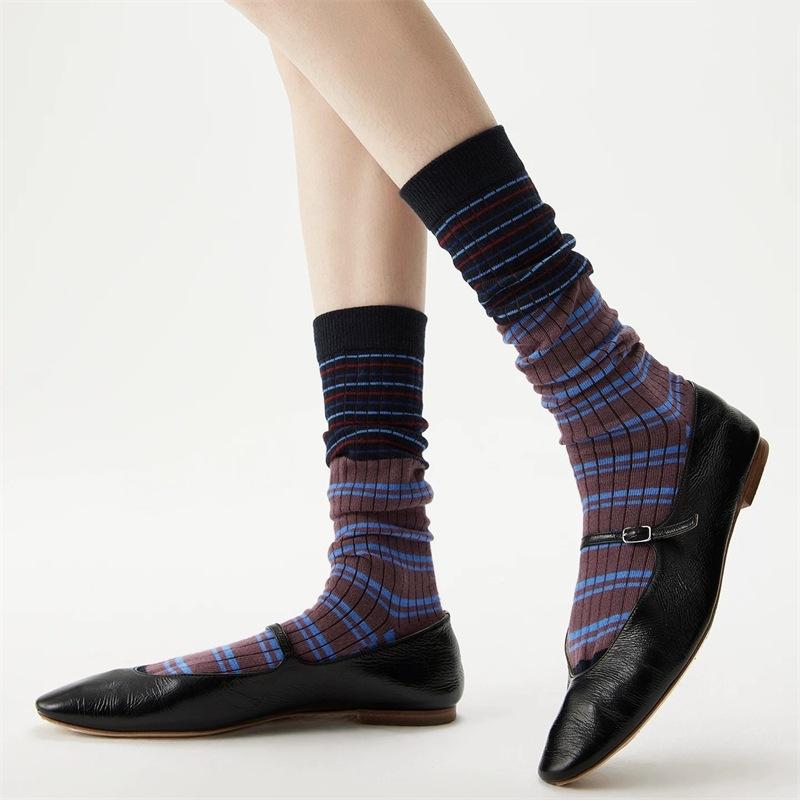 

Ladies Autumn and Winter Retro Stripes Color Clash Beautiful Legs Show Thin Legs Stack Socks 1 pair синий/коричневый