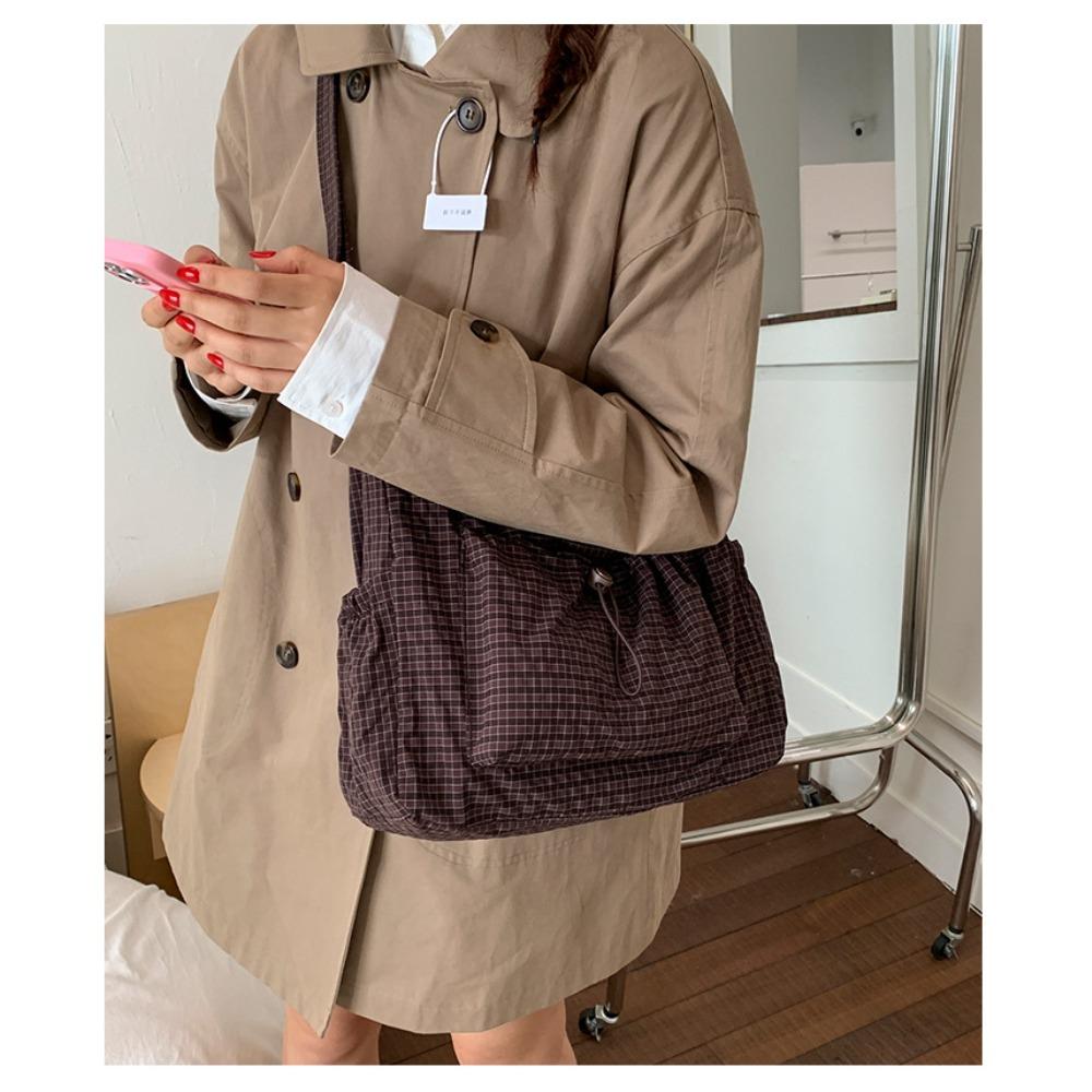 Składana torebka damska z regulowanym paskiem crossbody/na ramię i plisowanym designem z wieloma kieszeniami - Szkolna torba na książki w kratkę i paski
