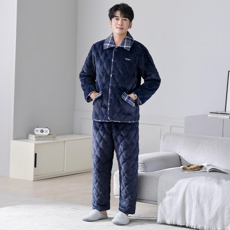 Pajamas Men'S Winter Thickened Fleece Coral Fleece Three-Layer Padded Cotton Autumn And Winter Flannel Warm Padded Jacket Loungewear