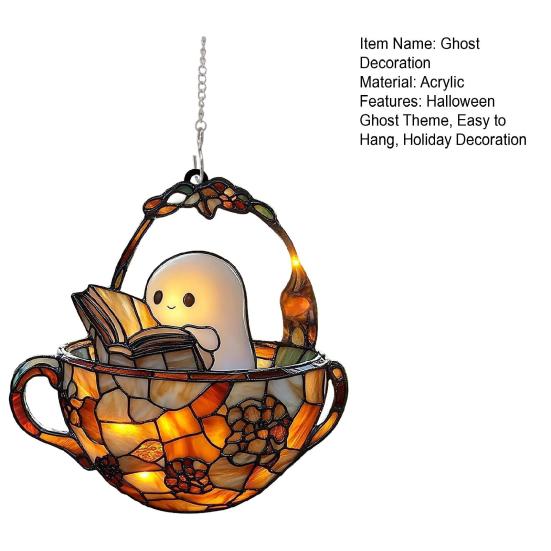 Halloween Reading Ghost Suncatcher Decoration Hanging Chair Cartoon Ghost Stained Glass 2D Flat Acrylic Wall Window Hanging Sign Ornament