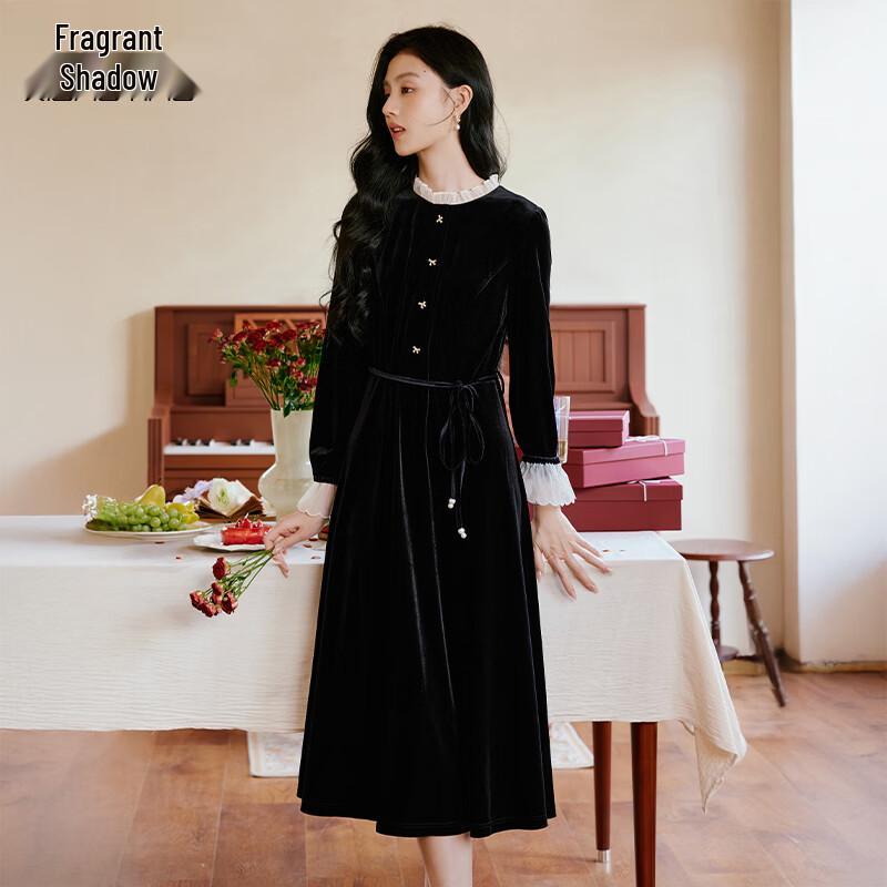 Xiangying French Hepburn Style Velvet Dress L