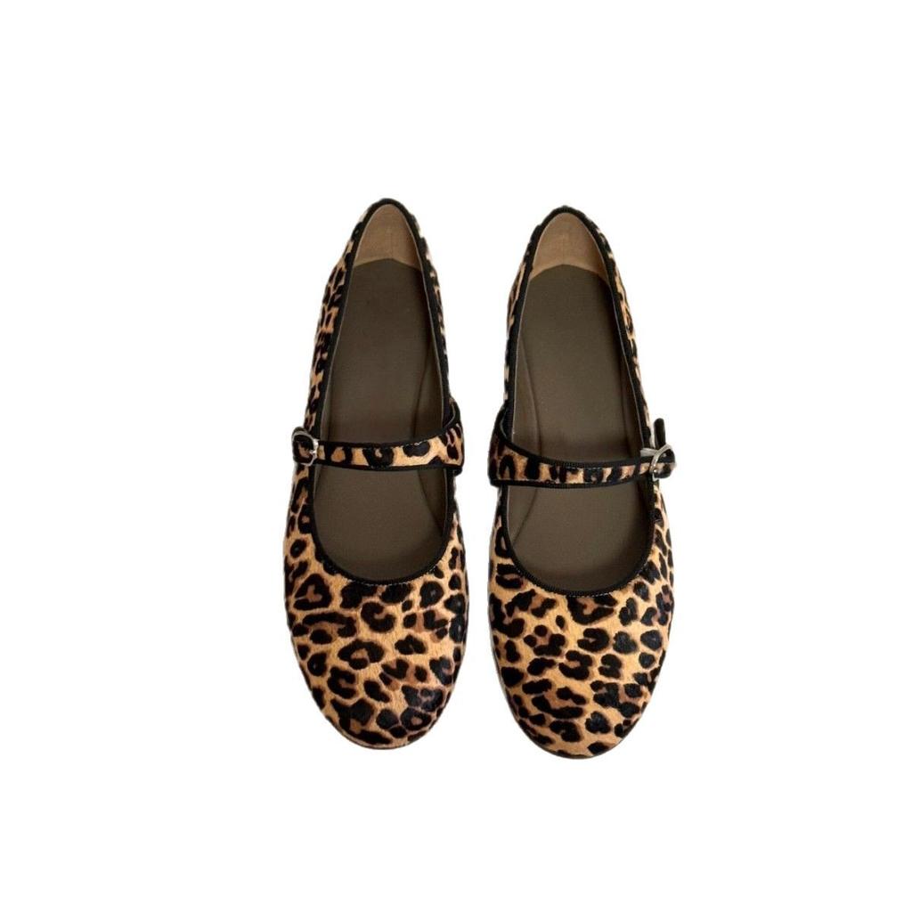 Leather French leopard print round head one-word buckle with Mary Jane single shoes women's 2025 new spring ballet flats