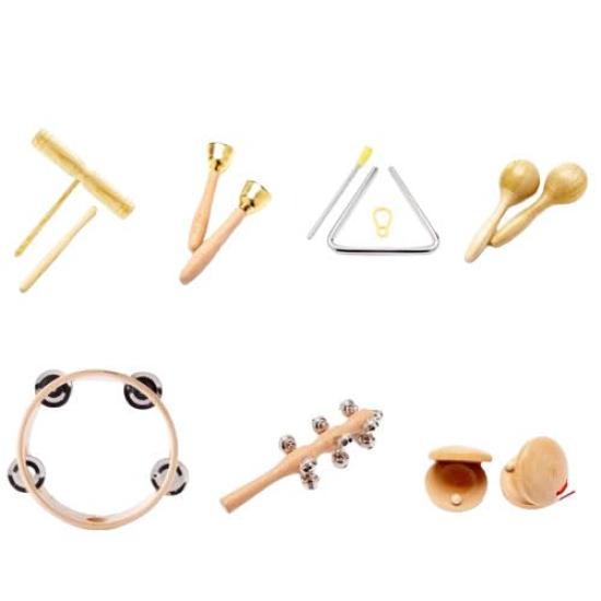Asdays Percussion Instrument Set, Wood Block, Triangle, Tambourine, Kids' Playset (7-Piece Set)