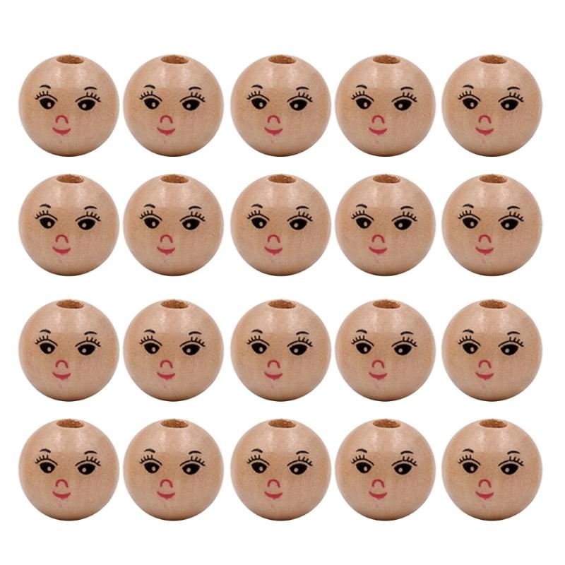 20Pcs/set Wooden Doll Head Beads for DIY Jewelry Making and Crafts Cute Smiling Face Loose Beads Wood Round Spacers