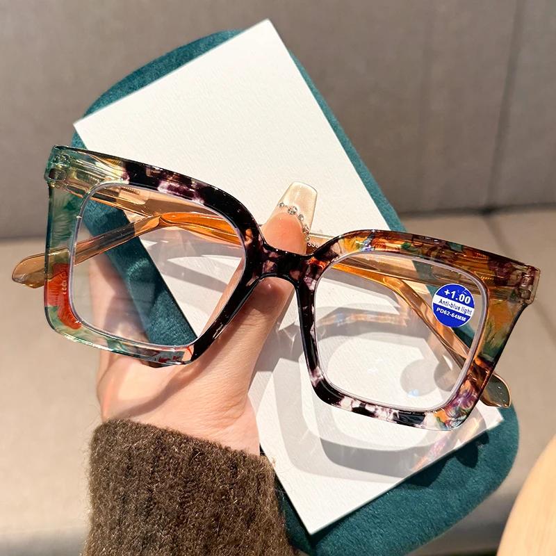 Large Frame Flower Pattern Color Blocked Reading Glasses Fashionable Anti Blue Light Spring Foot Presbyopia Glasses Diopters+4.0