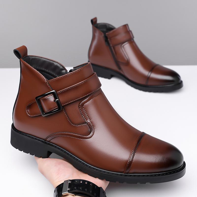 

High Street Men Business Set Chelsea Short Boots Side Zipper Retro Casual Warmth Winter Height Increasing Fashi Boots 46