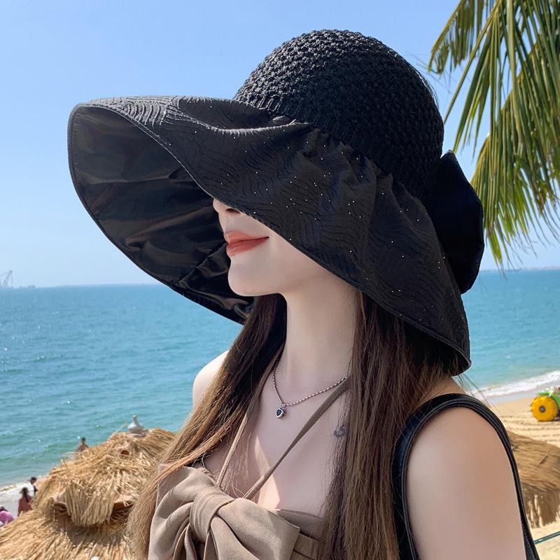 Mode Atmungsaktiver Fischerhut Breite Krempe Gesichts- und Nackenschutz Strand Sonnenhut Große Schleife Visorhut Sommer