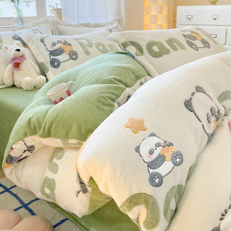 Warm Snowflake Fleece Four-piece Set, Double-sided Fleece Thickened Milk Fleece Bed Sheet Three-piece Set