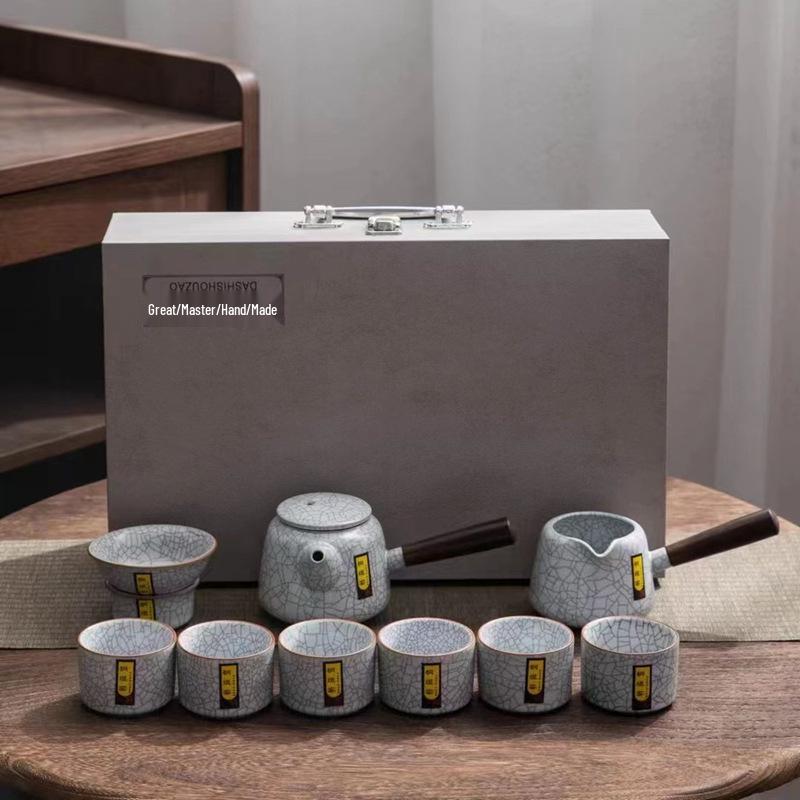Golden Thread Iron Line Ru Kiln Ceramic Tea Set: Gaiwan, Teapot, Teacup, Gift Box