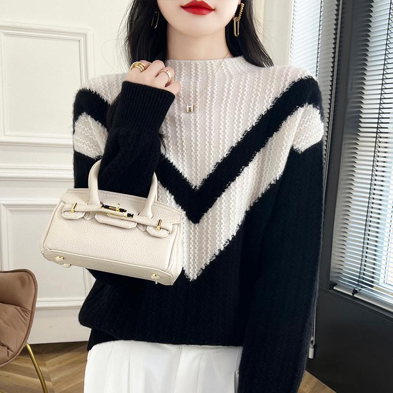 Colorblock Cashmere Turtleneck Sweater - Women's Slimming Autumn/Winter Knitted Pullover
