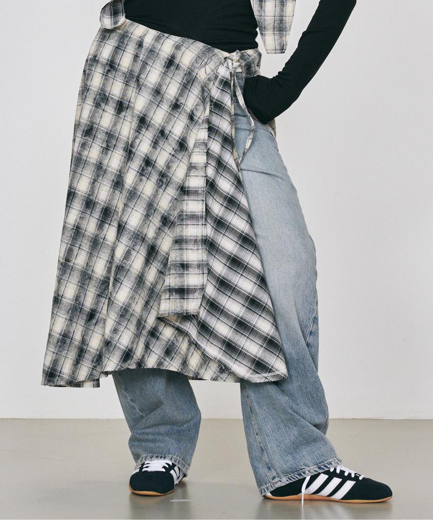 Dieomaidieo Check Drape Fringe Wrap Skirt (Black)