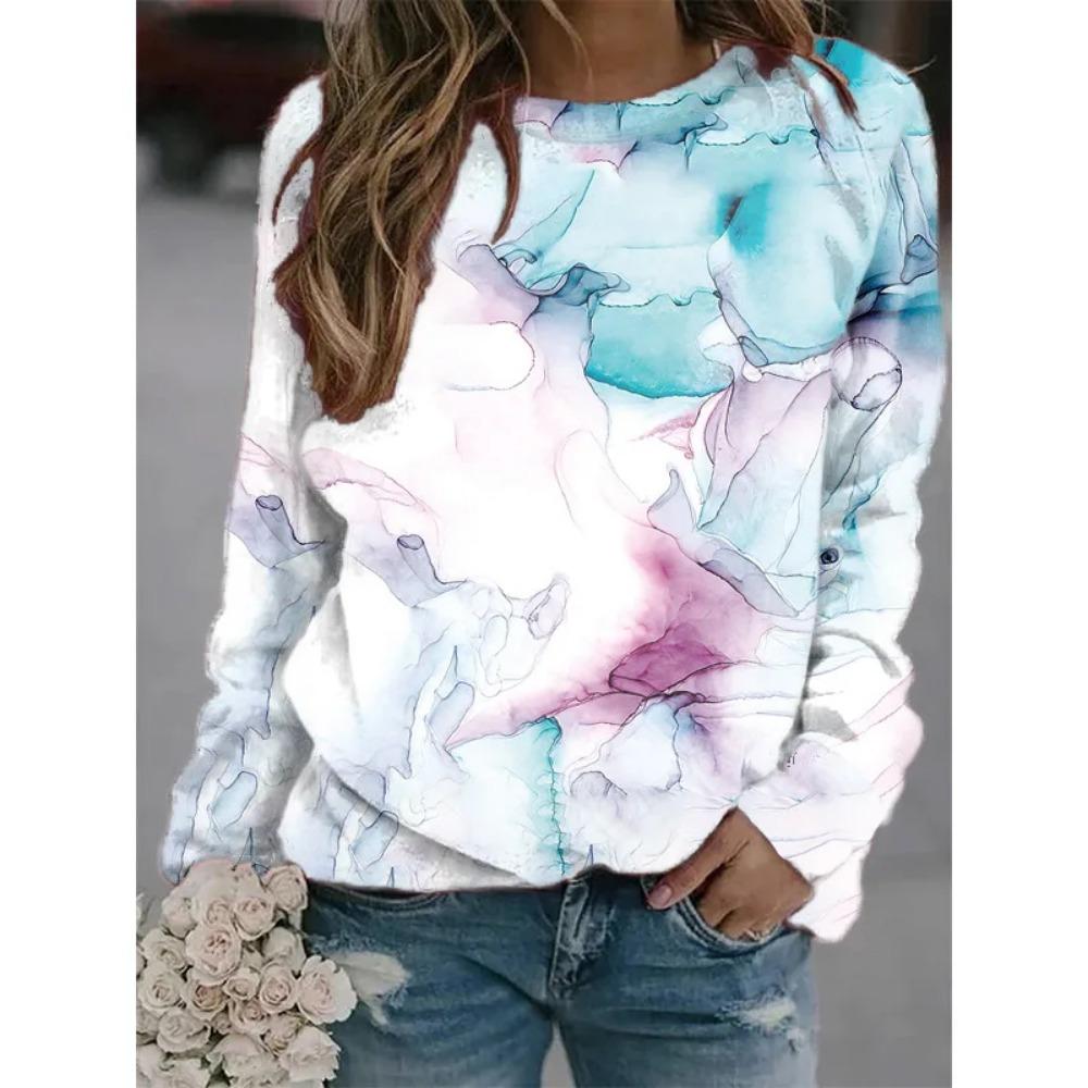Hot Selling New Marble Texture 3D Printed Women's Casual Round Neck Long Sleeved T-shirt