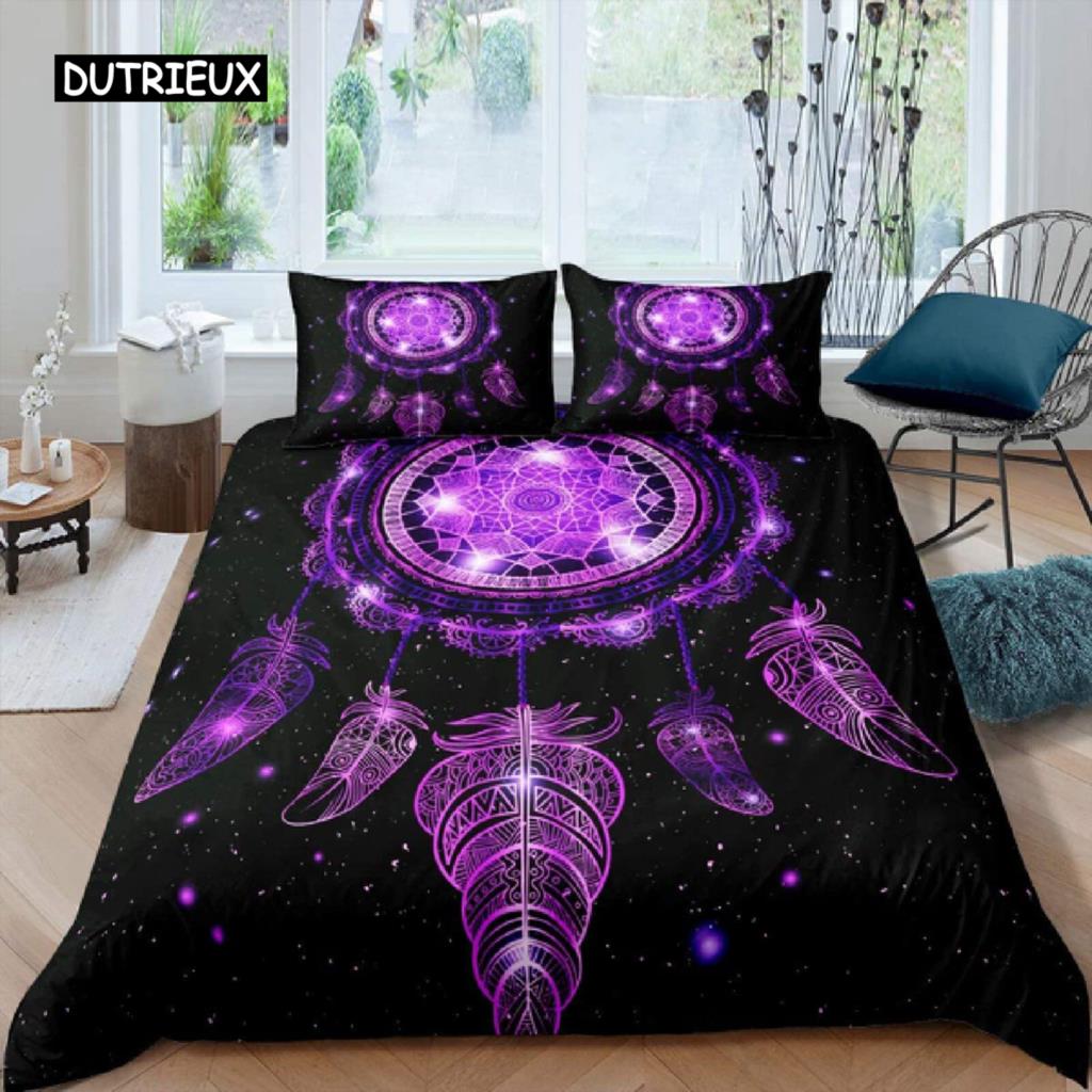 Purple Dream Catcher Duvet Cover Set Bohemian Feather Dream Catcher Bedding Set Microfiber Exotic Ethnic Style King Quilt Cover