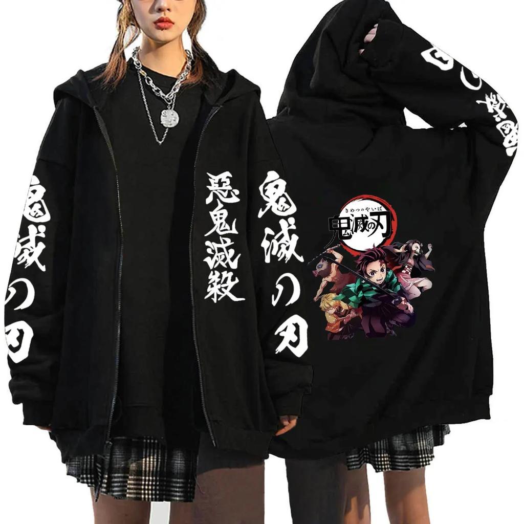 Women's Oversized Zipper Shirt Harajuku Japanese Anime Cartoon Demon Slayer Printed Jacket Spring Warm Long Sleeve Top