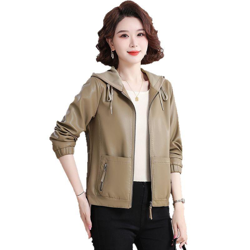 Wiosna/Jesień 2025 Damski Krótki Płaszcz z Kapturkiem ze Skóry PU - Stylowa Kurtka na Zamek dla Młodych Mam.