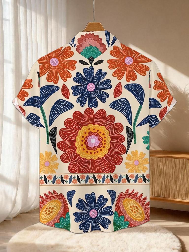 New Men'S Casual Short Sleeve Shirt with Full-Print Colorful Floral Patterns, Intricate And Vibrant Design for Festive Gatherings, Commuting, And