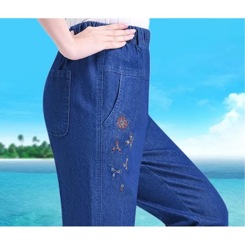 Women's Spring Summer Thin High-waist Jeans Mother Elastic Waist Female Casual Trousers Denim Nine Branch Pants