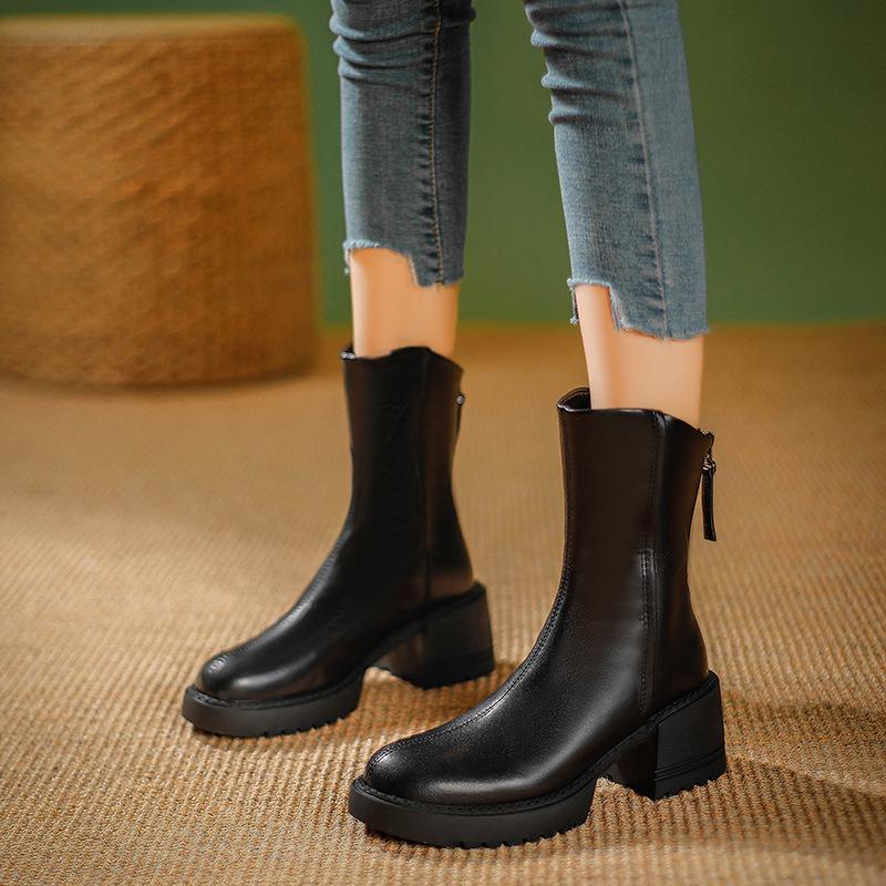 Platform Martin Boots Winter British Coarse Heel Short Boots Year Boots Brown Vintage High Heel Medium Boots