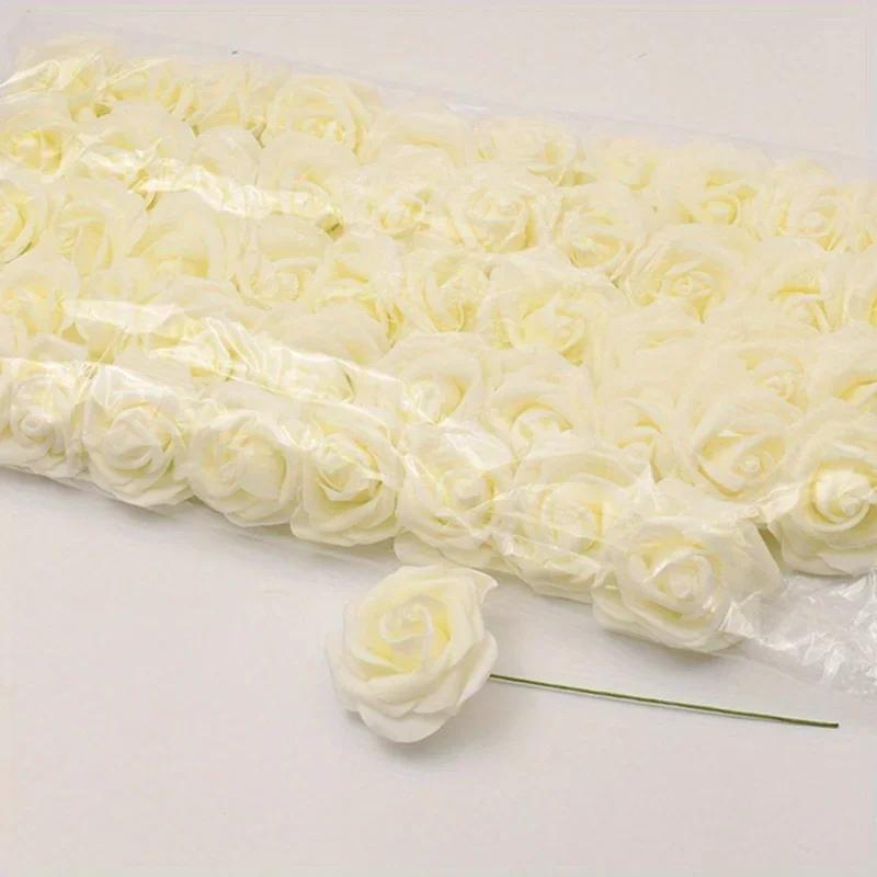 50pcs/package White PE Rose Artificial Flower Head with Stem DIY Bouquet Wedding Party Home Decoration Scrapbook Supplies