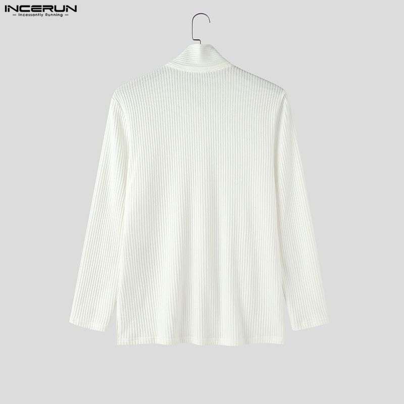 INCERUN Men Long Sleeve with Tie Detail Slim Fit Casual Knit Ribbed Tops Pullovers