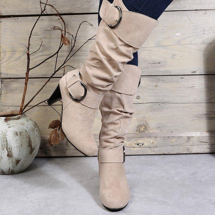 Fashion Women's Shoes Side Zip Plus Size Women's Boots Autumn Western Retro Pleated Mid-Calf Boots Women Solid Shoes Ladies