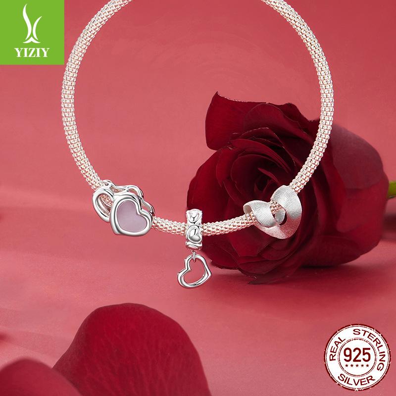 Heart Series Beaded Combination Diy Bracelet Accessories 925 Silver Light Luxury Jewelry Pink Valentine'S Day Gift