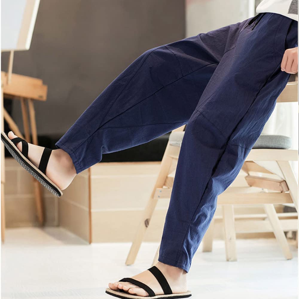 [Aaronlive] Men's Linen Sarouel Pants, Plain, Popular Casual Pants, Adjustable Drawstring, Plus Sizes, Wide Leg Pants, Relaxed Fit, All Seasons (Sprin